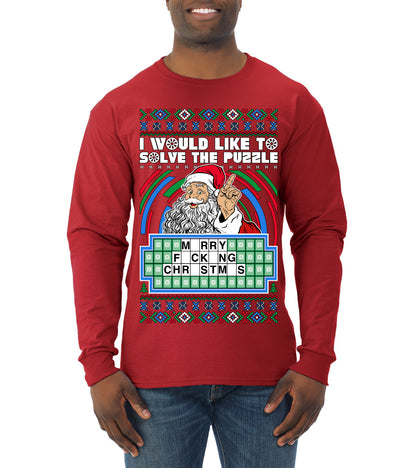 Santa Game Show I'd Like To Solve the Puzzle Wheel Ugly Christmas Sweater, Christmas Gifts, Funny Xmas Gift Idea, Mens Long Sleeve Shirt