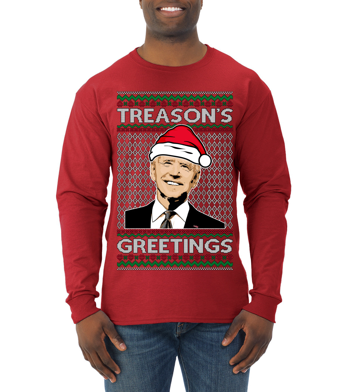 Treason's Greetings Biden President Humor Ugly Christmas Sweater, Christmas Gifts, Funny Xmas Gift Idea, Mens Long Sleeve Shirt