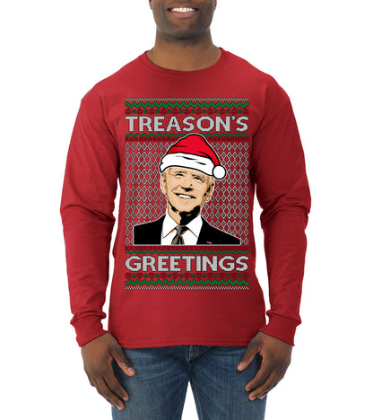 Treason's Greetings Biden President Humor Ugly Christmas Sweater, Christmas Gifts, Funny Xmas Gift Idea, Mens Long Sleeve Shirt