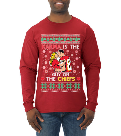 Karma is the Guy on the Football Team, Christmas Gifts, Funny Xmas Gift Idea, Ugly Christmas  Mens Long Sleeve Shirt