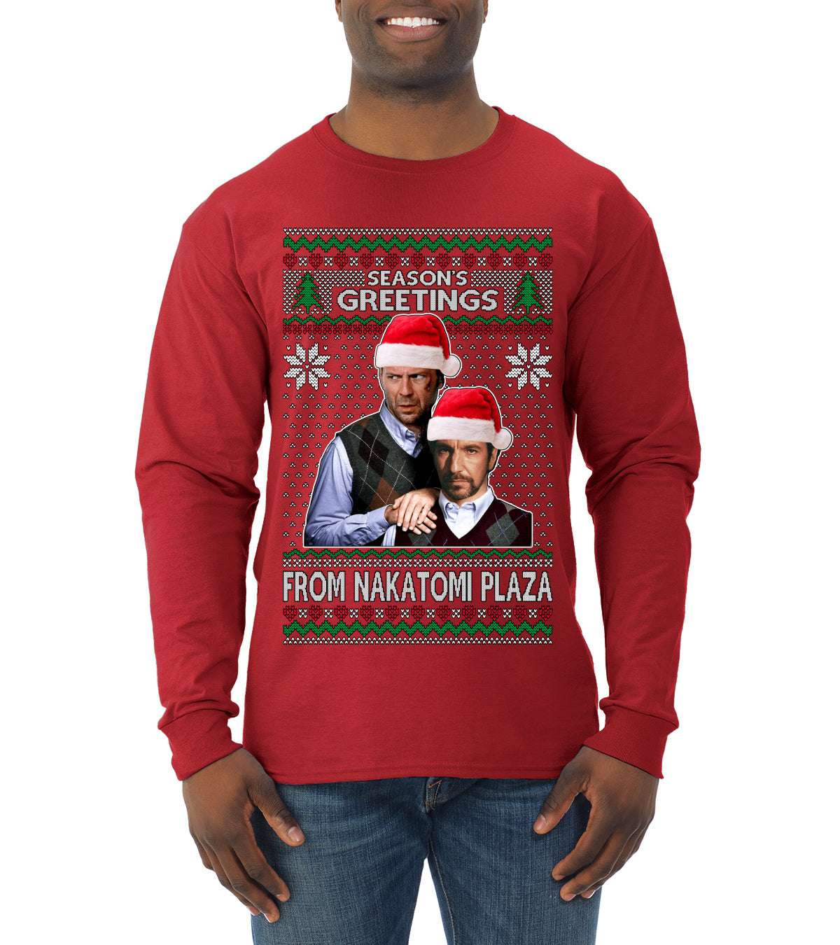 Nakatomi Plaza  Season's Greeting,  Christmas Gifts, Funny Xmas Gift Idea, Ugly Christmas Sweater Mens Long Sleeve Shirt