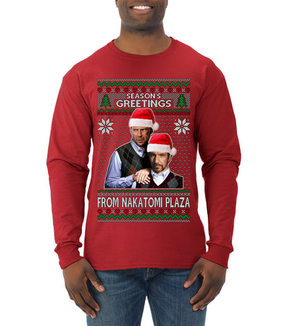 Nakatomi Plaza  Season's Greeting,  Christmas Gifts, Funny Xmas Gift Idea, Ugly Christmas Sweater Mens Long Sleeve Shirt