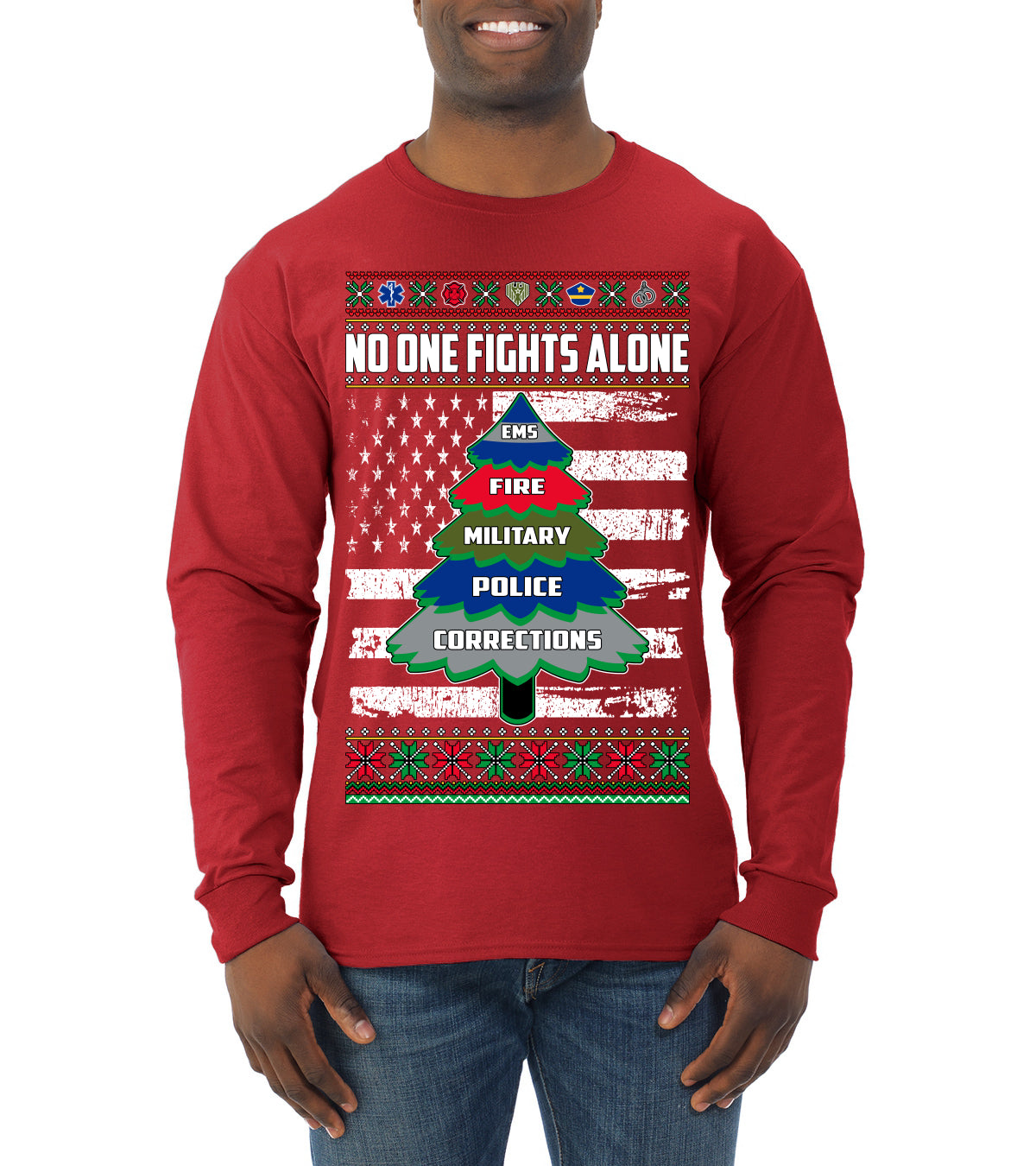 No One Fights Alone, The Heroes,  Christmas Gifts, Funny Xmas Gift Idea, Ugly Christmas Sweater Mens Long Sleeve Shirt