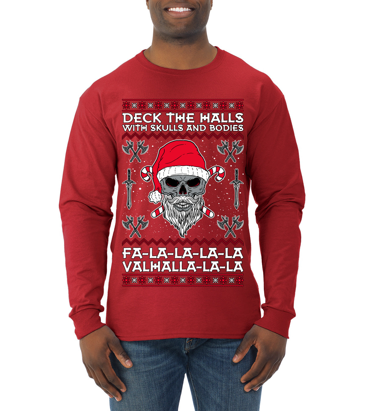 Valhalla Deck The Halls With Skulls & Bodies Movie Xmas Shirt, Christmas Gifts, Funny Xmas Gift Idea, Ugly Christmas Sweater Mens Long Sleeve Shirt