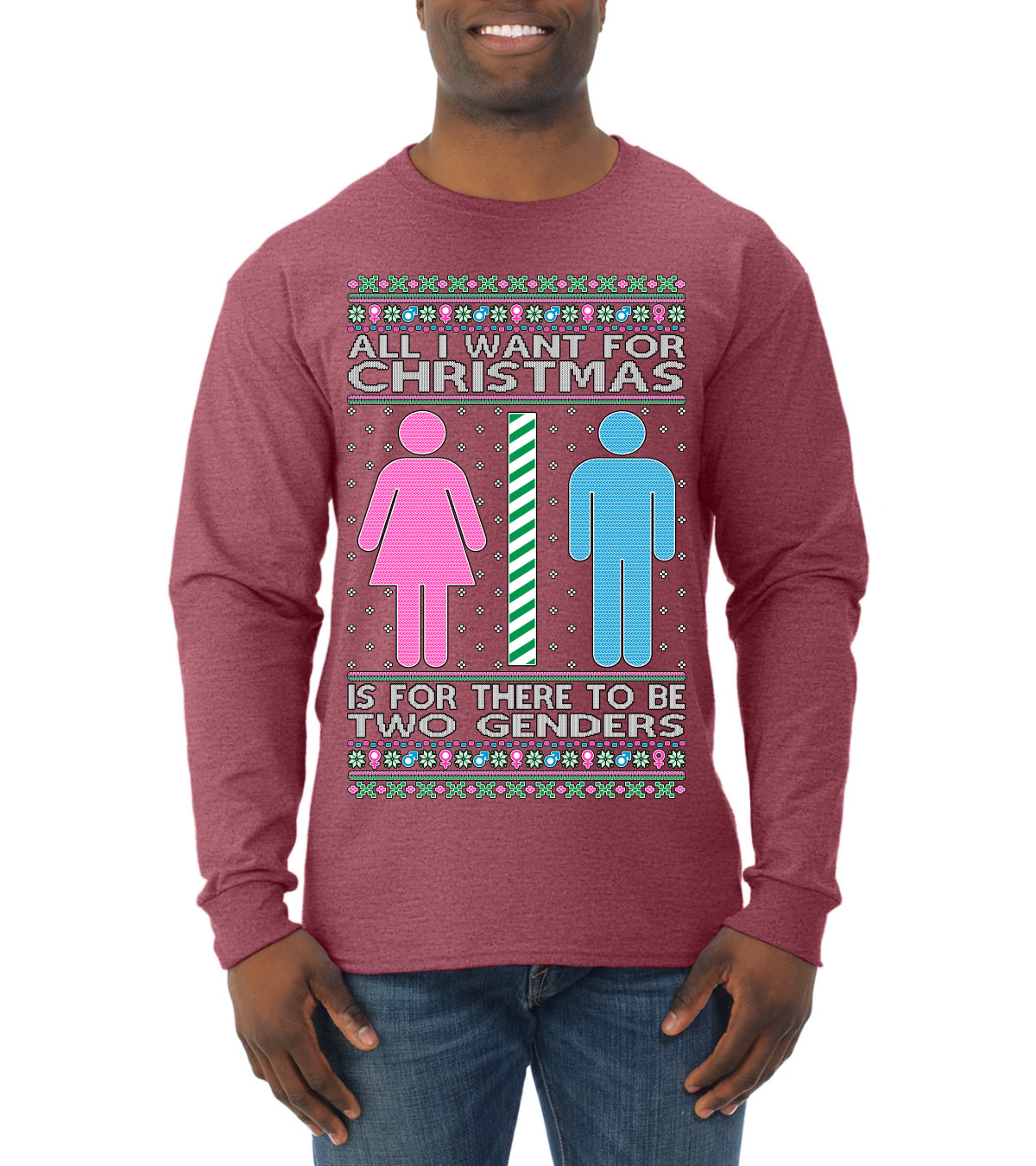 Two Genders For Christmas is All I Want, Christmas Gifts, Funny Xmas Gift Idea Ugly Christmas Sweater Mens Long Sleeve Shirt