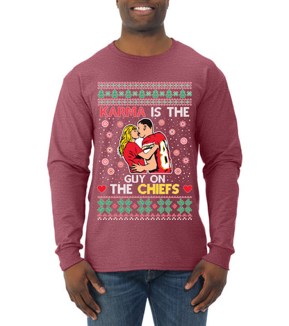 Karma is the Guy on the Football Team, Christmas Gifts, Funny Xmas Gift Idea, Ugly Christmas  Mens Long Sleeve Shirt
