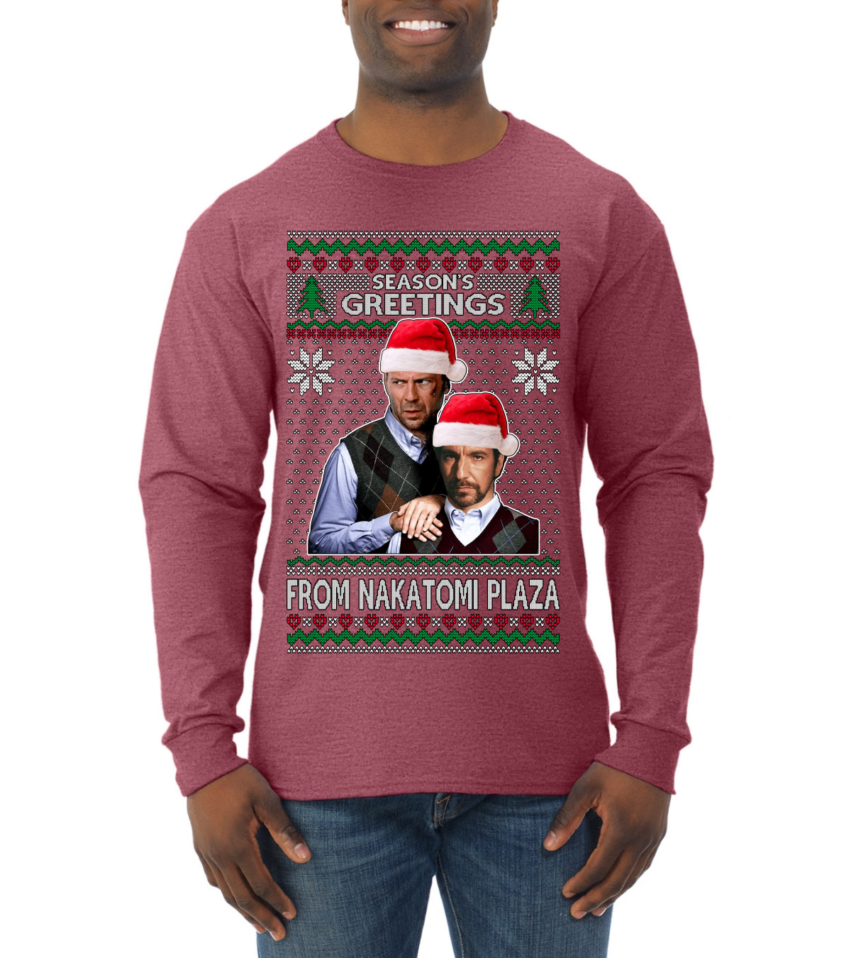 Nakatomi Plaza  Season's Greeting,  Christmas Gifts, Funny Xmas Gift Idea, Ugly Christmas Sweater Mens Long Sleeve Shirt