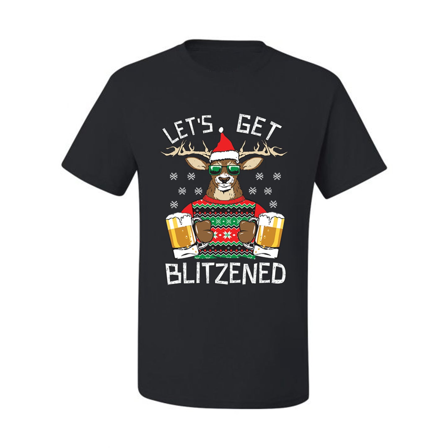 Ugly Xmas Graphic  T-shirt  Lets Get Blitzened Deer With Beer Ugly Christmas T-shirt  Ugly Christmas  Men's T-Shirt