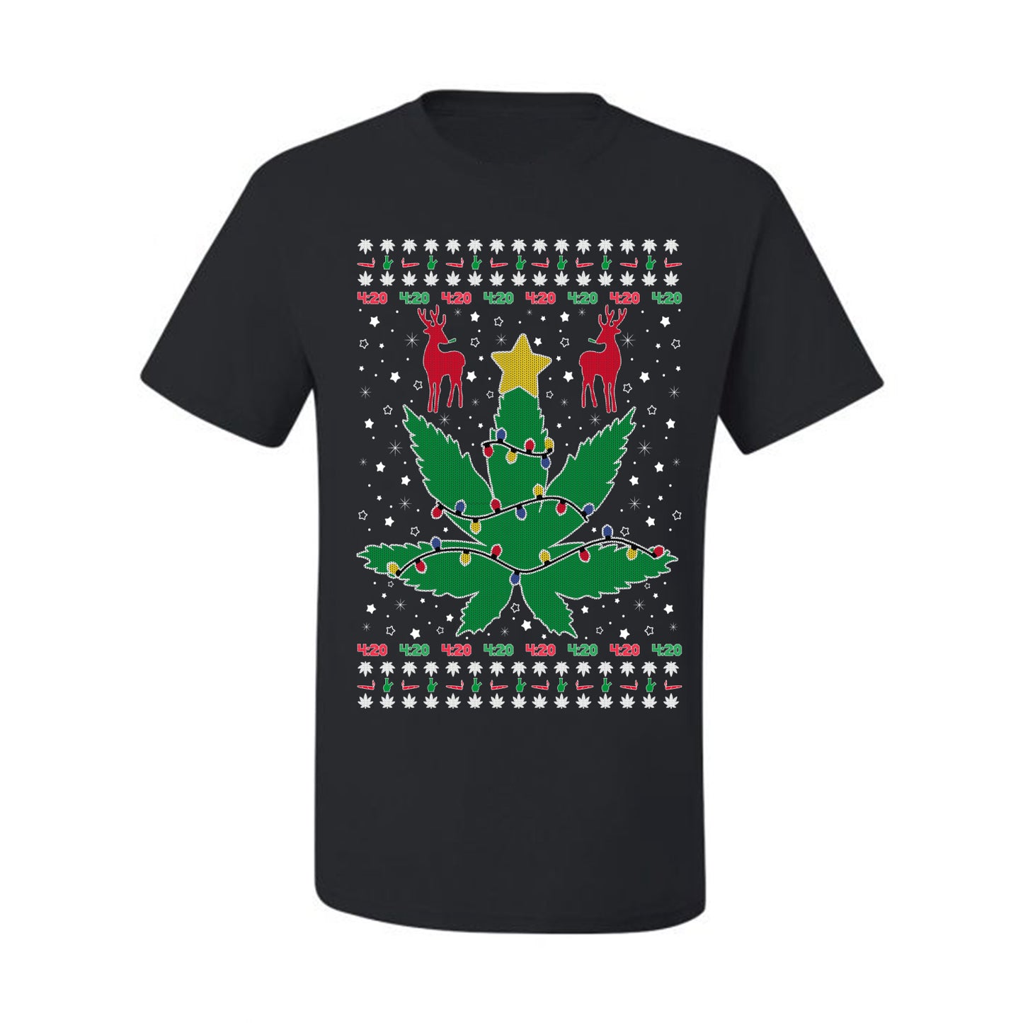 Graphic Ugly Holiday Christmas Lights, Deer Marijuana Lit Leaf Weed Pot  Ugly Christmas T-shirt  Ugly Christmas  Men's T-Shirt