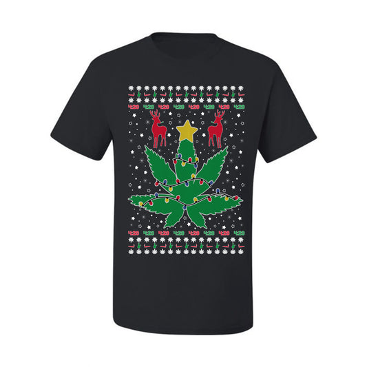 Graphic Ugly Holiday Christmas Lights, Deer Marijuana Lit Leaf Weed Pot  Ugly Christmas T-shirt  Ugly Christmas  Men's T-Shirt