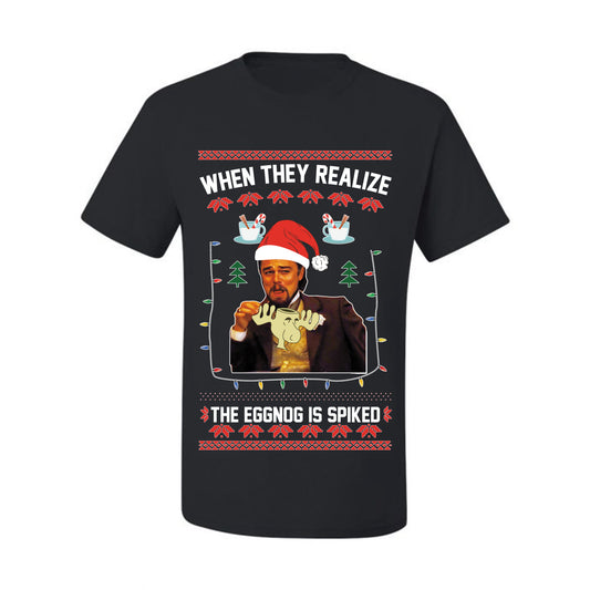 Ugly Christmas  Tshirt , Leo Laughing Dank Meme, When they Realize the Eggnog is Spiked  Ugly Christmas Tshirt Men's Graphic T-Shirt Ugly Christmas  Men's T-Shirt