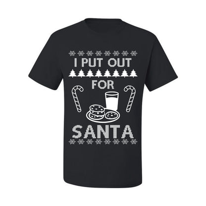 Funny Adult Men's Ugly Holiday Xmas Tshirt, "I Put Out for Santa", Milk Cookies Candy Ugly Christmas Tshirt Men's Graphic T-Shirt Ugly Christmas  Men's T-Shirt