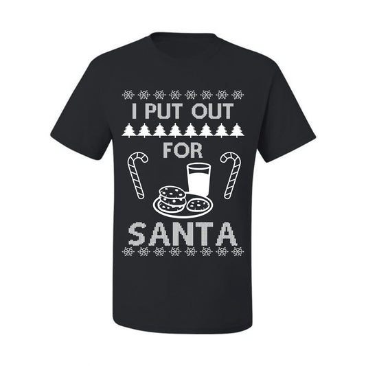 Funny Adult Men's Ugly Holiday Xmas Tshirt, "I Put Out for Santa", Milk Cookies Candy Ugly Christmas Tshirt Men's Graphic T-Shirt Ugly Christmas  Men's T-Shirt