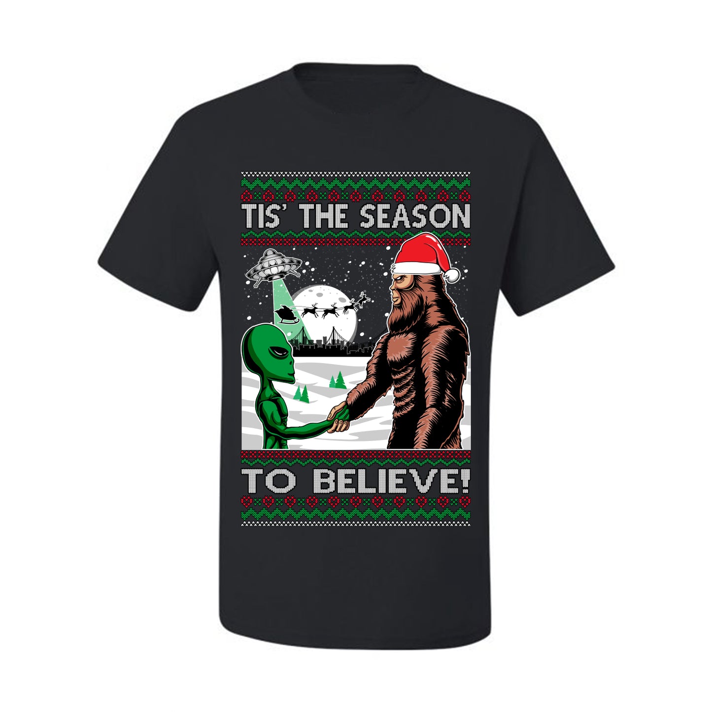 Ugly  Christmas T-shirt "Bigfoot "Tis' The Season to Believe in Conspiracies, Aliens, and Ufo" Ugly Christmas T-shirt  Ugly Christmas  Men's T-Shirt