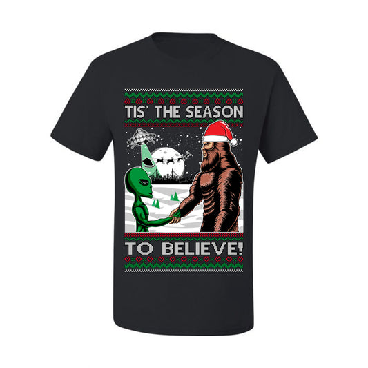 Ugly  Christmas T-shirt "Bigfoot "Tis' The Season to Believe in Conspiracies, Aliens, and Ufo" Ugly Christmas T-shirt  Ugly Christmas  Men's T-Shirt