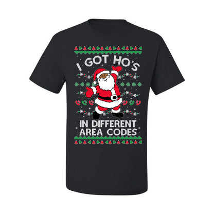 I Got Ho's in Different Area Codes, Black Santa Claus, , Premium Ugly Christmas Graphic  T-shirt  Ugly Christmas T-shirt  Ugly Christmas  Men's T-Shirt