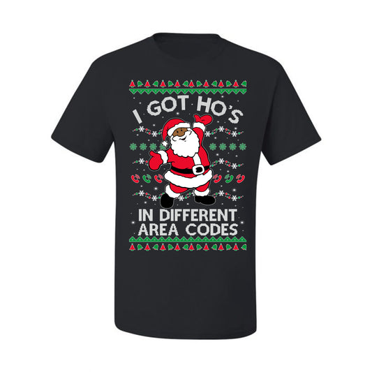 I Got Ho's in Different Area Codes, Black Santa Claus, , Premium Ugly Christmas Graphic  T-shirt  Ugly Christmas T-shirt  Ugly Christmas  Men's T-Shirt