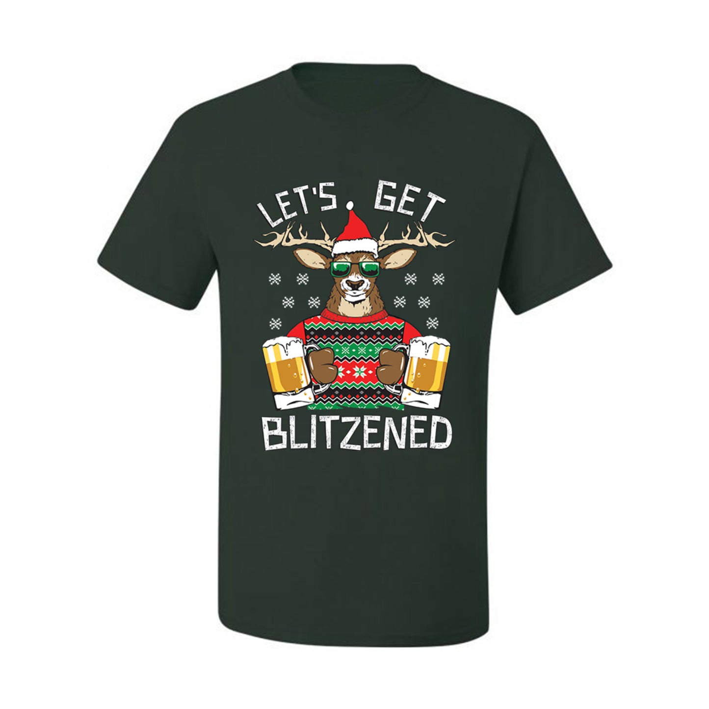 Ugly Xmas Graphic  T-shirt  Lets Get Blitzened Deer With Beer Ugly Christmas T-shirt  Ugly Christmas  Men's T-Shirt