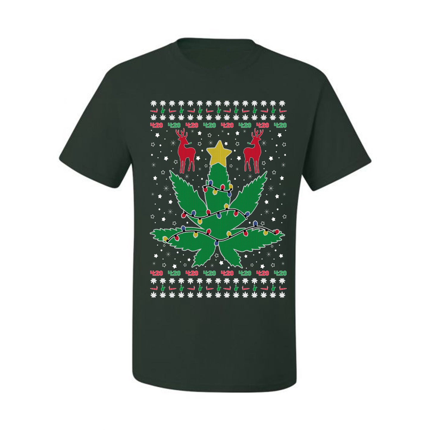 Graphic Ugly Holiday Christmas Lights, Deer Marijuana Lit Leaf Weed Pot  Ugly Christmas T-shirt  Ugly Christmas  Men's T-Shirt