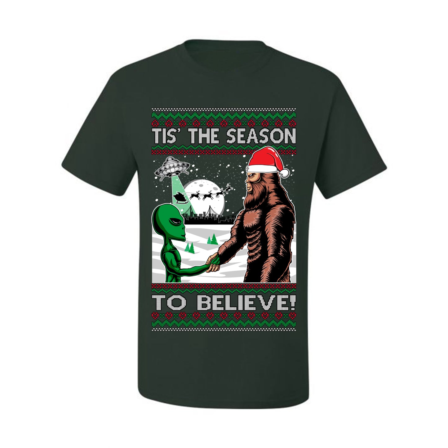 Ugly  Christmas T-shirt "Bigfoot "Tis' The Season to Believe in Conspiracies, Aliens, and Ufo" Ugly Christmas T-shirt  Ugly Christmas  Men's T-Shirt