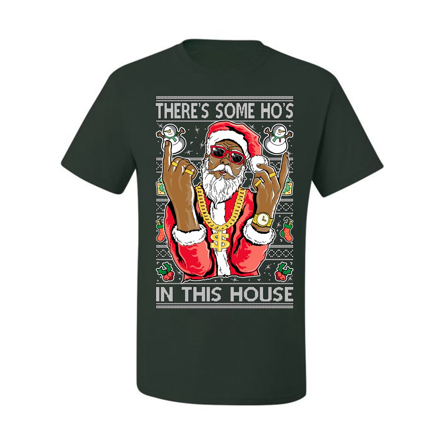 Ugly Holiday T-shirt Graphic Black Santa Claus Gangster Bling Ho's In This House,  Ugly Christmas T-shirt  Ugly Christmas  Men's T-Shirt