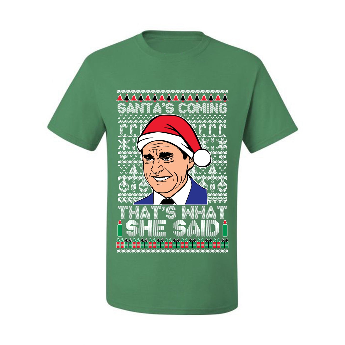 Graphic Ugly Xmas T-shirt Michael Scott "Santas Coming That's What She Said" Ugly Christmas T-shirt  Ugly Christmas  Men's T-Shirt
