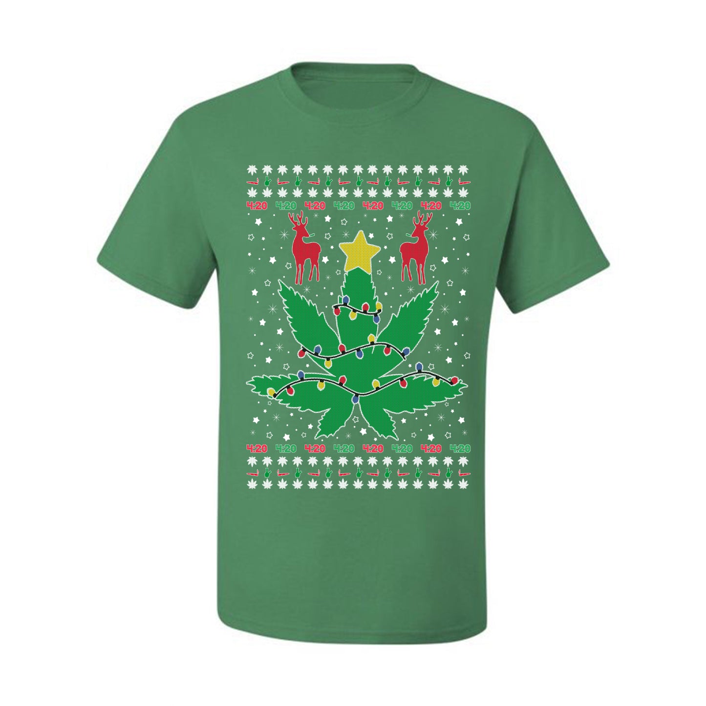 Graphic Ugly Holiday Christmas Lights, Deer Marijuana Lit Leaf Weed Pot  Ugly Christmas T-shirt  Ugly Christmas  Men's T-Shirt