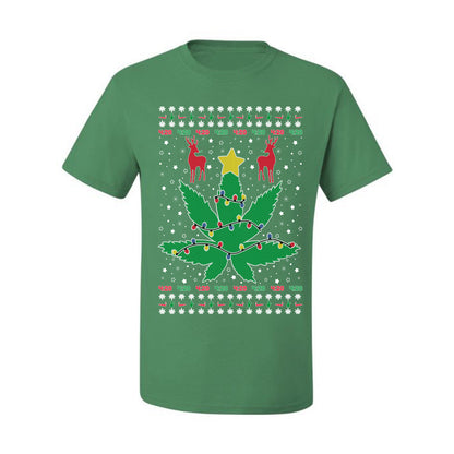 Graphic Ugly Holiday Christmas Lights, Deer Marijuana Lit Leaf Weed Pot  Ugly Christmas T-shirt  Ugly Christmas  Men's T-Shirt