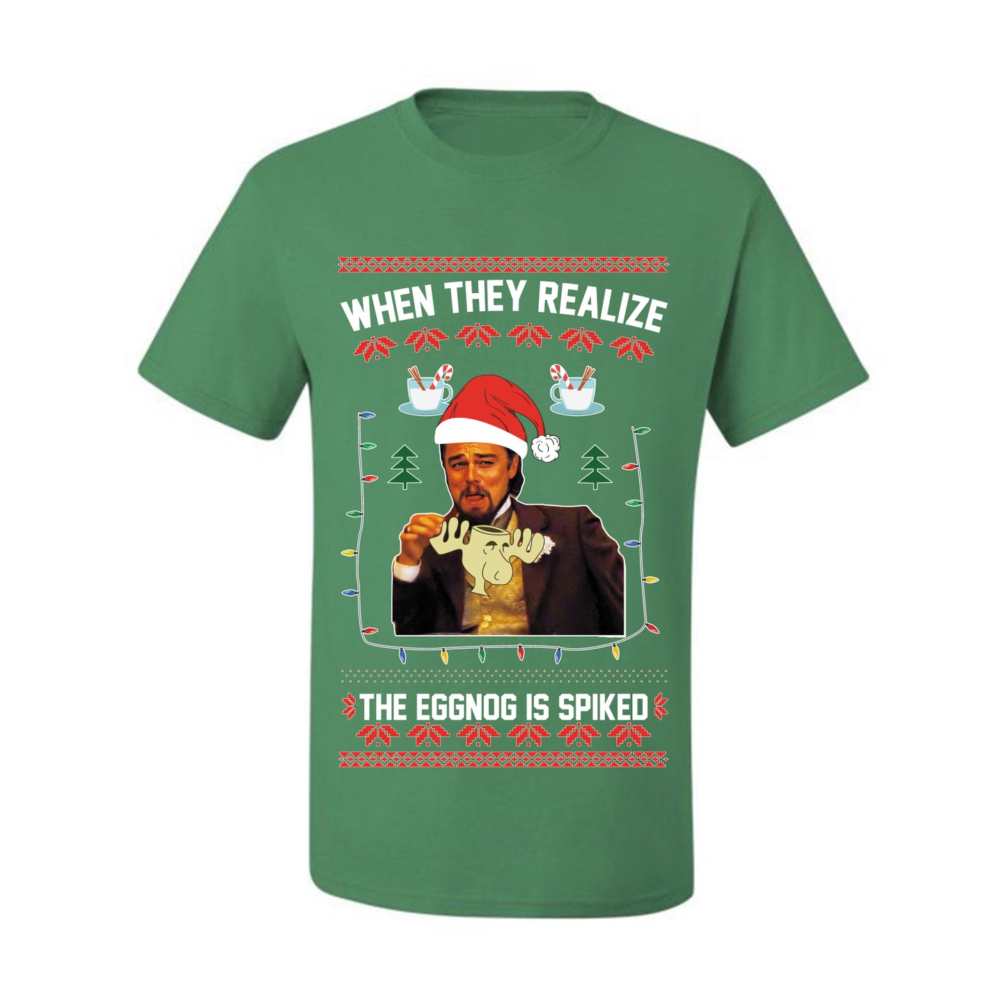 Ugly Christmas  Tshirt , Leo Laughing Dank Meme, When they Realize the Eggnog is Spiked  Ugly Christmas Tshirt Men's Graphic T-Shirt Ugly Christmas  Men's T-Shirt