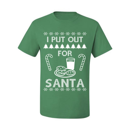 Funny Adult Men's Ugly Holiday Xmas Tshirt, "I Put Out for Santa", Milk Cookies Candy Ugly Christmas Tshirt Men's Graphic T-Shirt Ugly Christmas  Men's T-Shirt