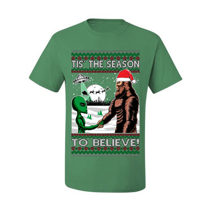 Ugly  Christmas T-shirt "Bigfoot "Tis' The Season to Believe in Conspiracies, Aliens, and Ufo" Ugly Christmas T-shirt  Ugly Christmas  Men's T-Shirt