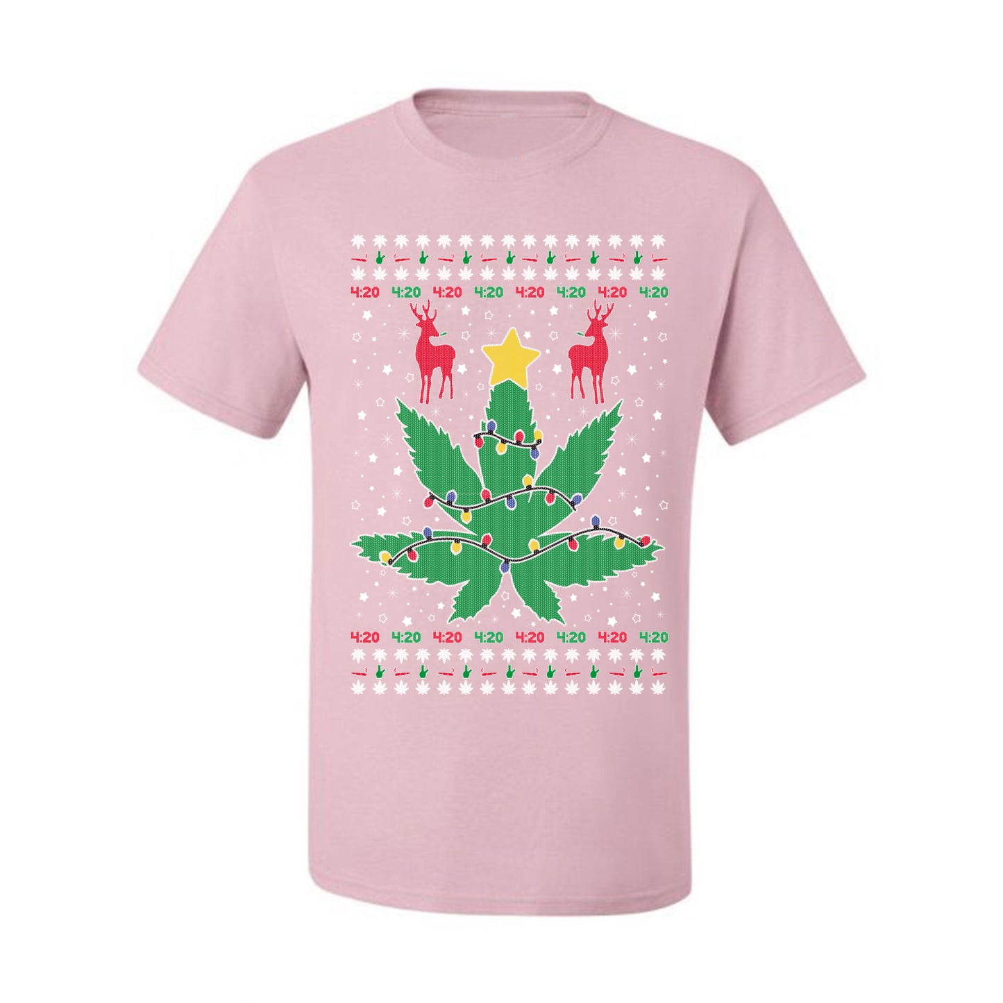 Graphic Ugly Holiday Christmas Lights, Deer Marijuana Lit Leaf Weed Pot  Ugly Christmas T-shirt  Ugly Christmas  Men's T-Shirt