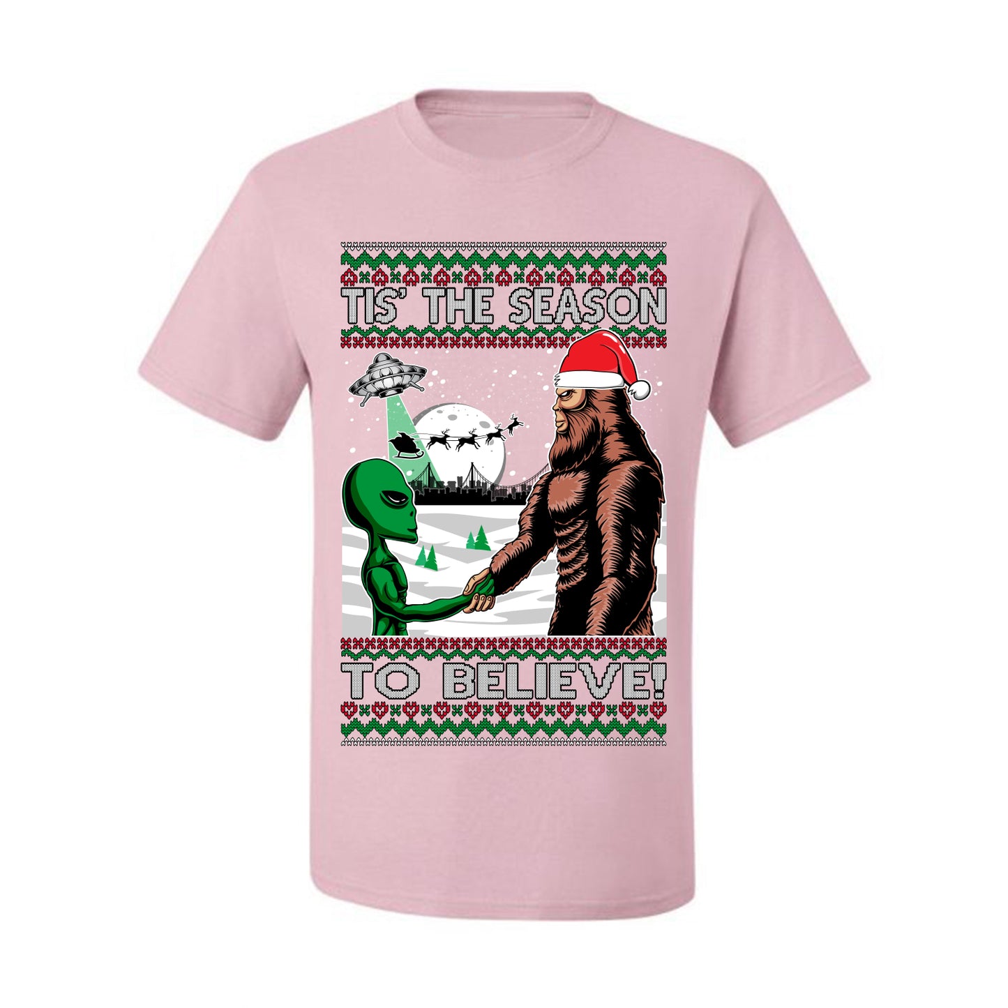 Ugly  Christmas T-shirt "Bigfoot "Tis' The Season to Believe in Conspiracies, Aliens, and Ufo" Ugly Christmas T-shirt  Ugly Christmas  Men's T-Shirt