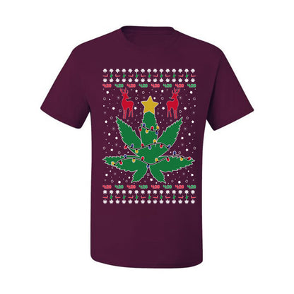 Graphic Ugly Holiday Christmas Lights, Deer Marijuana Lit Leaf Weed Pot  Ugly Christmas T-shirt  Ugly Christmas  Men's T-Shirt