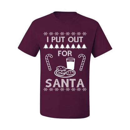 Funny Adult Men's Ugly Holiday Xmas Tshirt, "I Put Out for Santa", Milk Cookies Candy Ugly Christmas Tshirt Men's Graphic T-Shirt Ugly Christmas  Men's T-Shirt