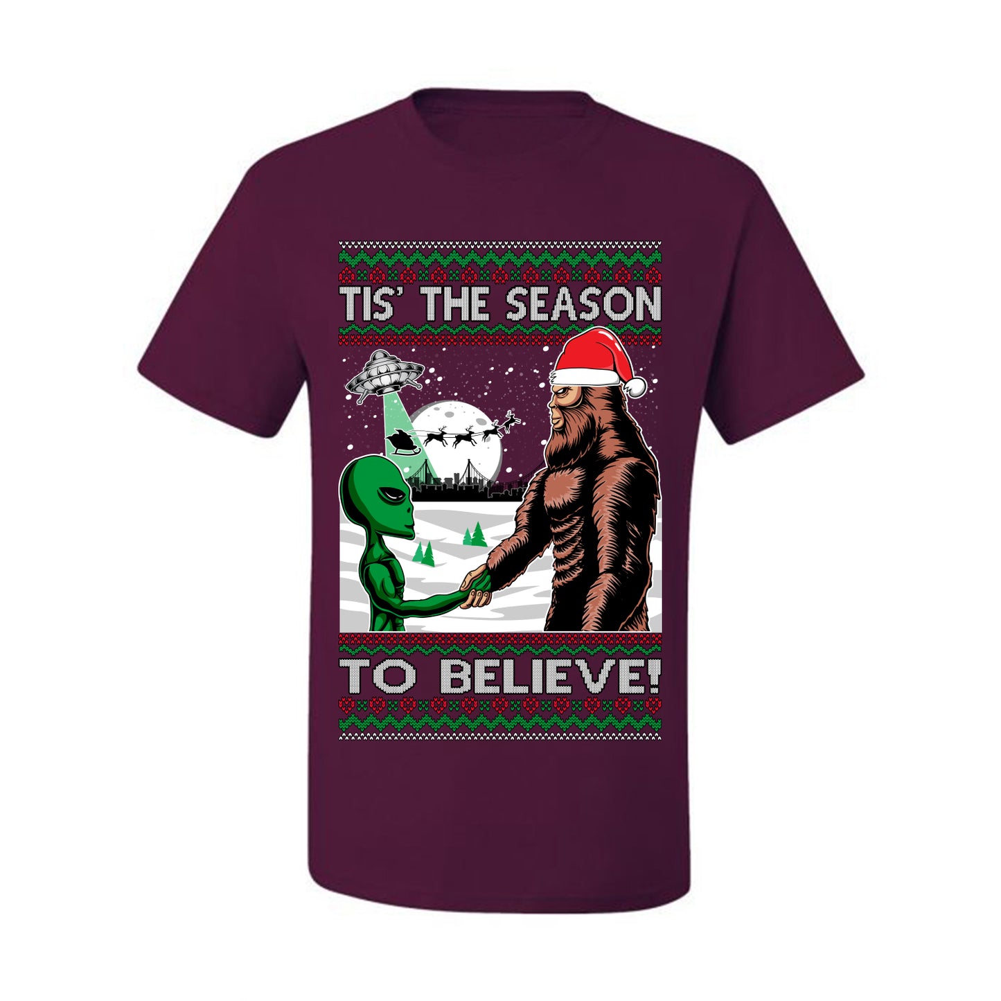 Ugly  Christmas T-shirt "Bigfoot "Tis' The Season to Believe in Conspiracies, Aliens, and Ufo" Ugly Christmas T-shirt  Ugly Christmas  Men's T-Shirt