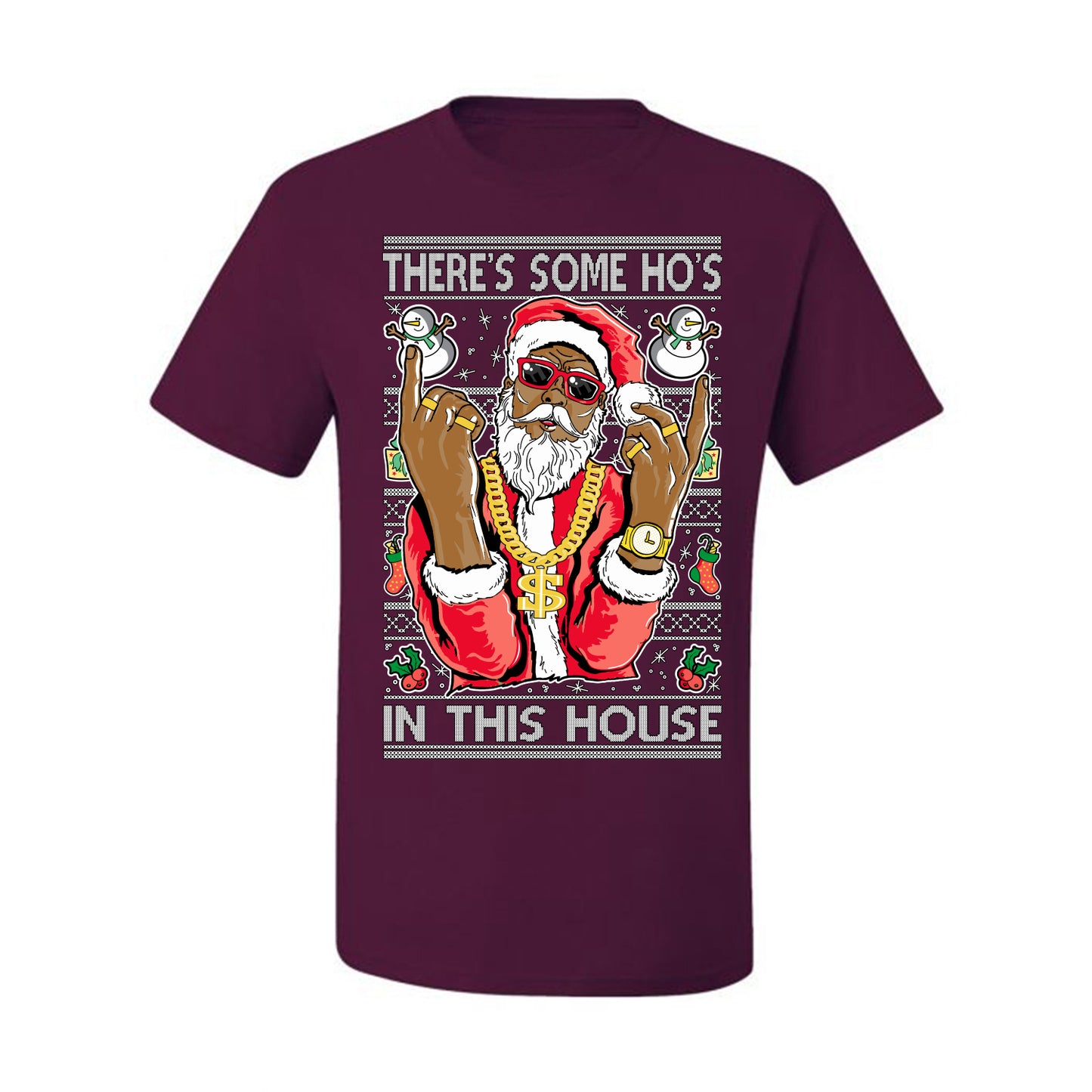 Ugly Holiday T-shirt Graphic Black Santa Claus Gangster Bling Ho's In This House,  Ugly Christmas T-shirt  Ugly Christmas  Men's T-Shirt