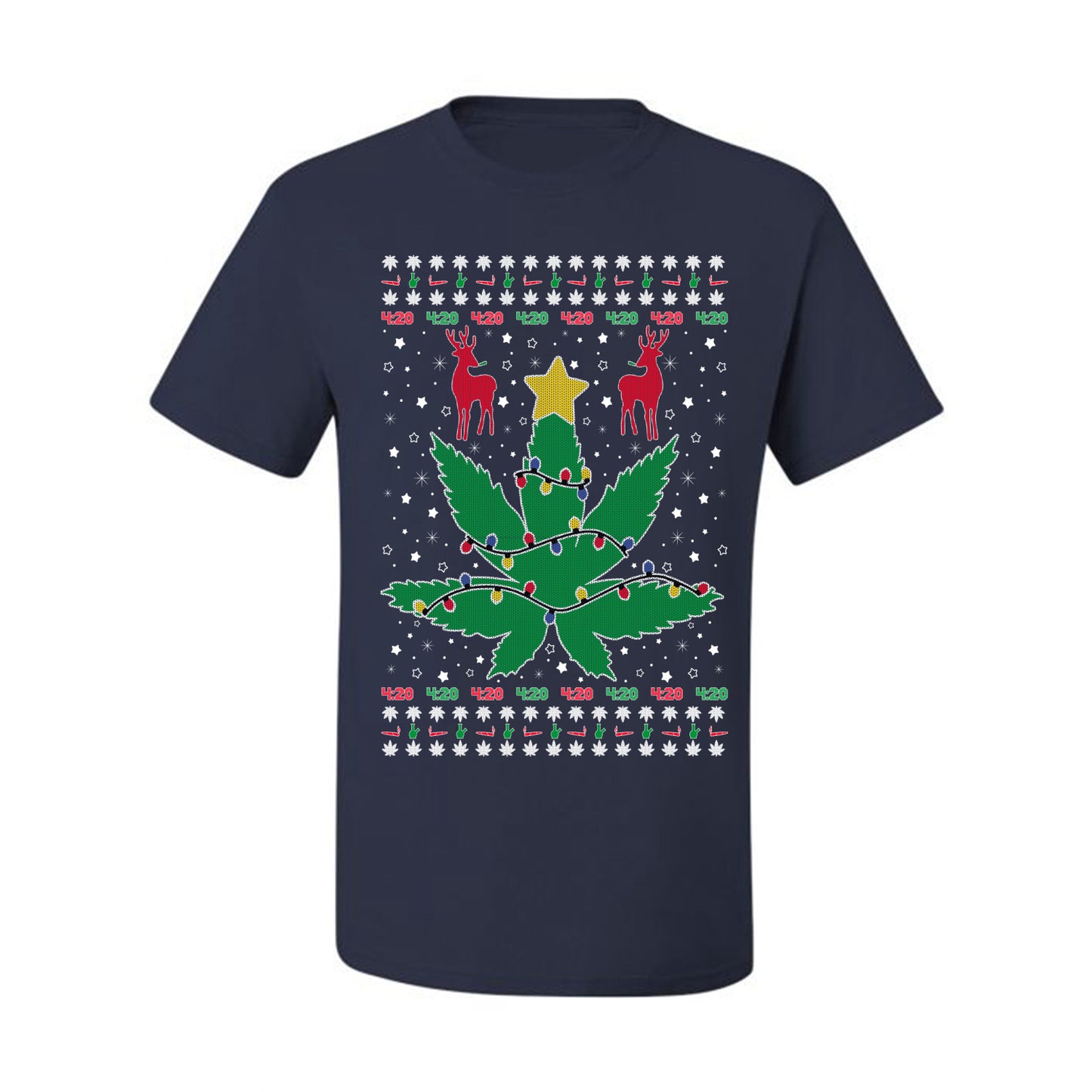 Graphic Ugly Holiday Christmas Lights, Deer Marijuana Lit Leaf Weed Pot  Ugly Christmas T-shirt  Ugly Christmas  Men's T-Shirt
