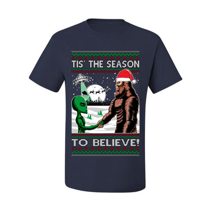 Ugly  Christmas T-shirt "Bigfoot "Tis' The Season to Believe in Conspiracies, Aliens, and Ufo" Ugly Christmas T-shirt  Ugly Christmas  Men's T-Shirt