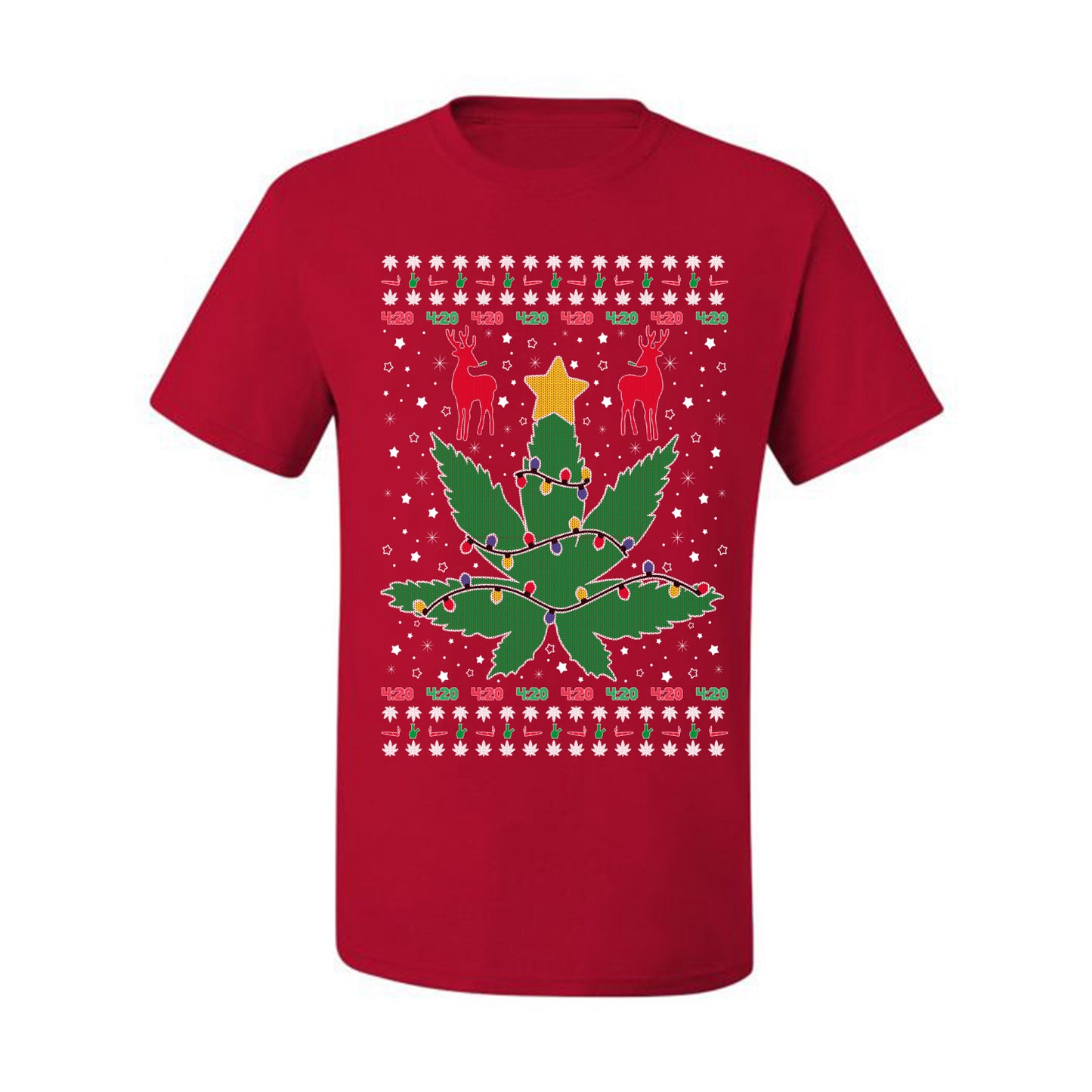 Graphic Ugly Holiday Christmas Lights, Deer Marijuana Lit Leaf Weed Pot  Ugly Christmas T-shirt  Ugly Christmas  Men's T-Shirt