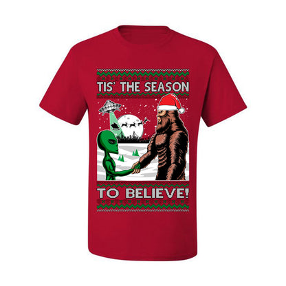 Ugly  Christmas T-shirt "Bigfoot "Tis' The Season to Believe in Conspiracies, Aliens, and Ufo" Ugly Christmas T-shirt  Ugly Christmas  Men's T-Shirt