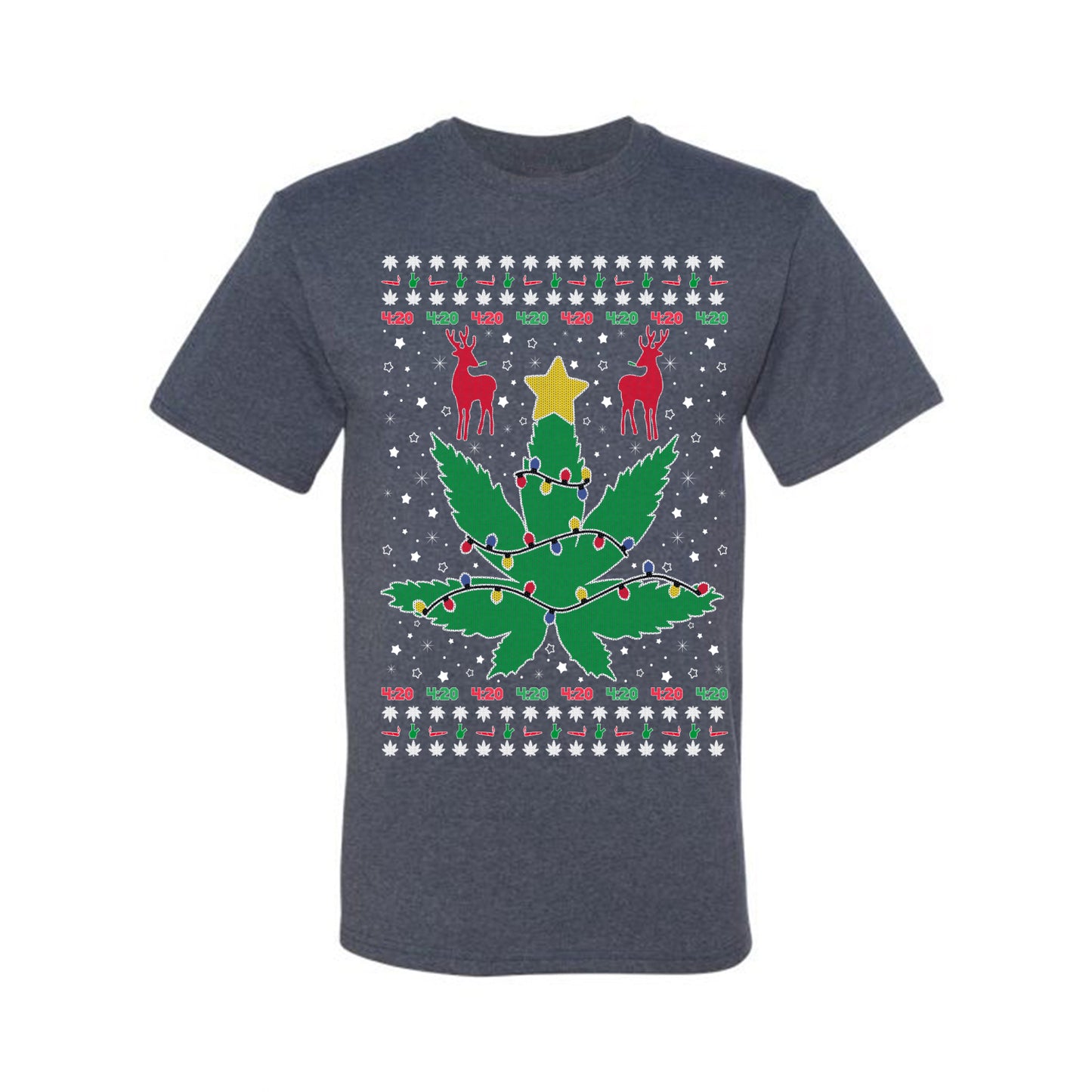 Graphic Ugly Holiday Christmas Lights, Deer Marijuana Lit Leaf Weed Pot  Ugly Christmas T-shirt  Ugly Christmas  Men's T-Shirt