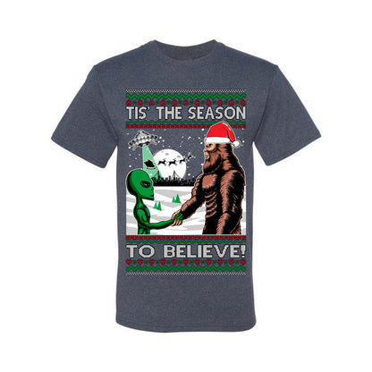 Ugly  Christmas T-shirt "Bigfoot "Tis' The Season to Believe in Conspiracies, Aliens, and Ufo" Ugly Christmas T-shirt  Ugly Christmas  Men's T-Shirt