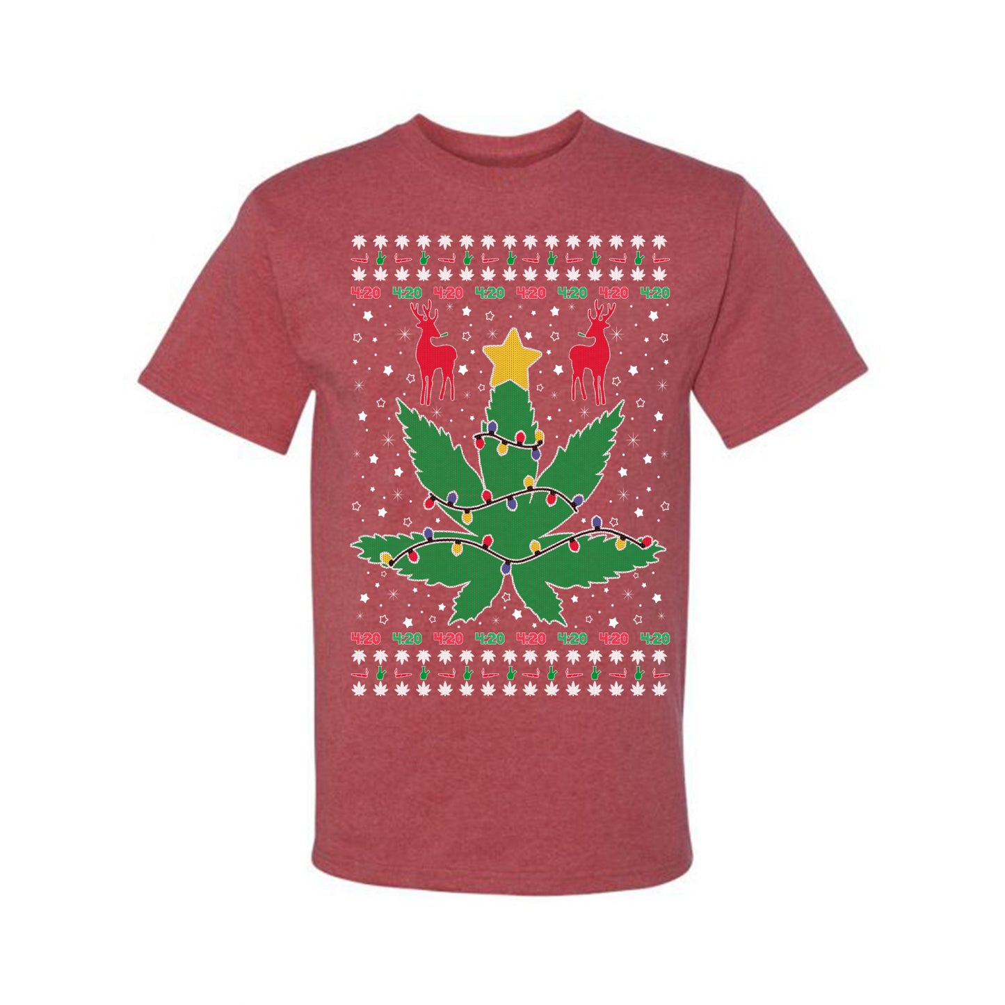 Graphic Ugly Holiday Christmas Lights, Deer Marijuana Lit Leaf Weed Pot  Ugly Christmas T-shirt  Ugly Christmas  Men's T-Shirt