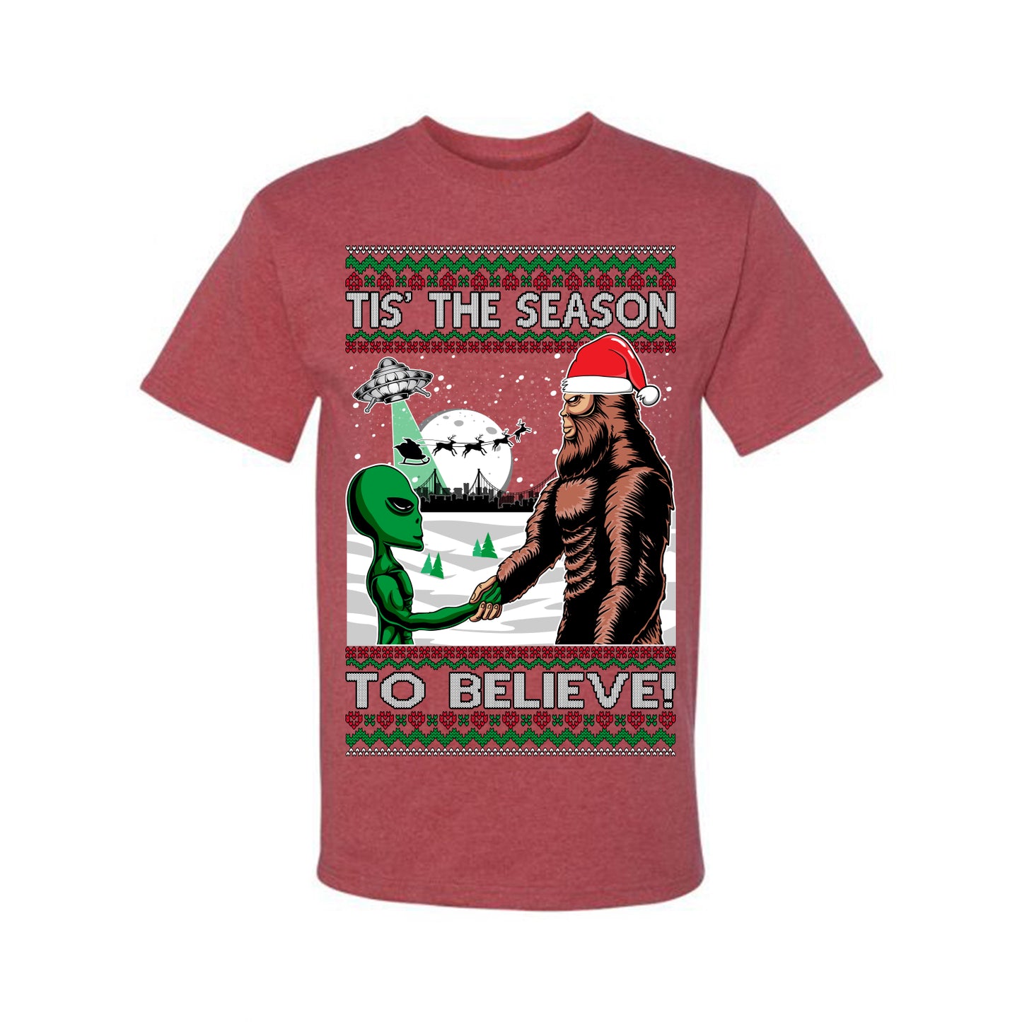 Ugly  Christmas T-shirt "Bigfoot "Tis' The Season to Believe in Conspiracies, Aliens, and Ufo" Ugly Christmas T-shirt  Ugly Christmas  Men's T-Shirt
