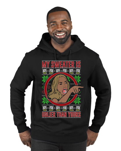 My Sweater Is Uglier Than Yours Funny Women Yelling At Cat Meme, Christmas Gifts, Funny Xmas Gift Idea, Ugly Christmas Sweater Premium Graphic Hoodie Sweatshirt