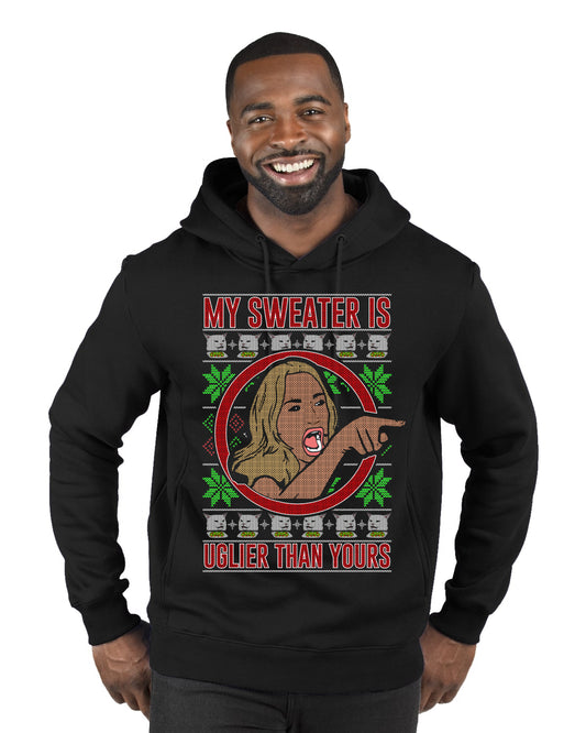 My Sweater Is Uglier Than Yours Funny Women Yelling At Cat Meme, Christmas Gifts, Funny Xmas Gift Idea, Ugly Christmas Sweater Premium Graphic Hoodie Sweatshirt