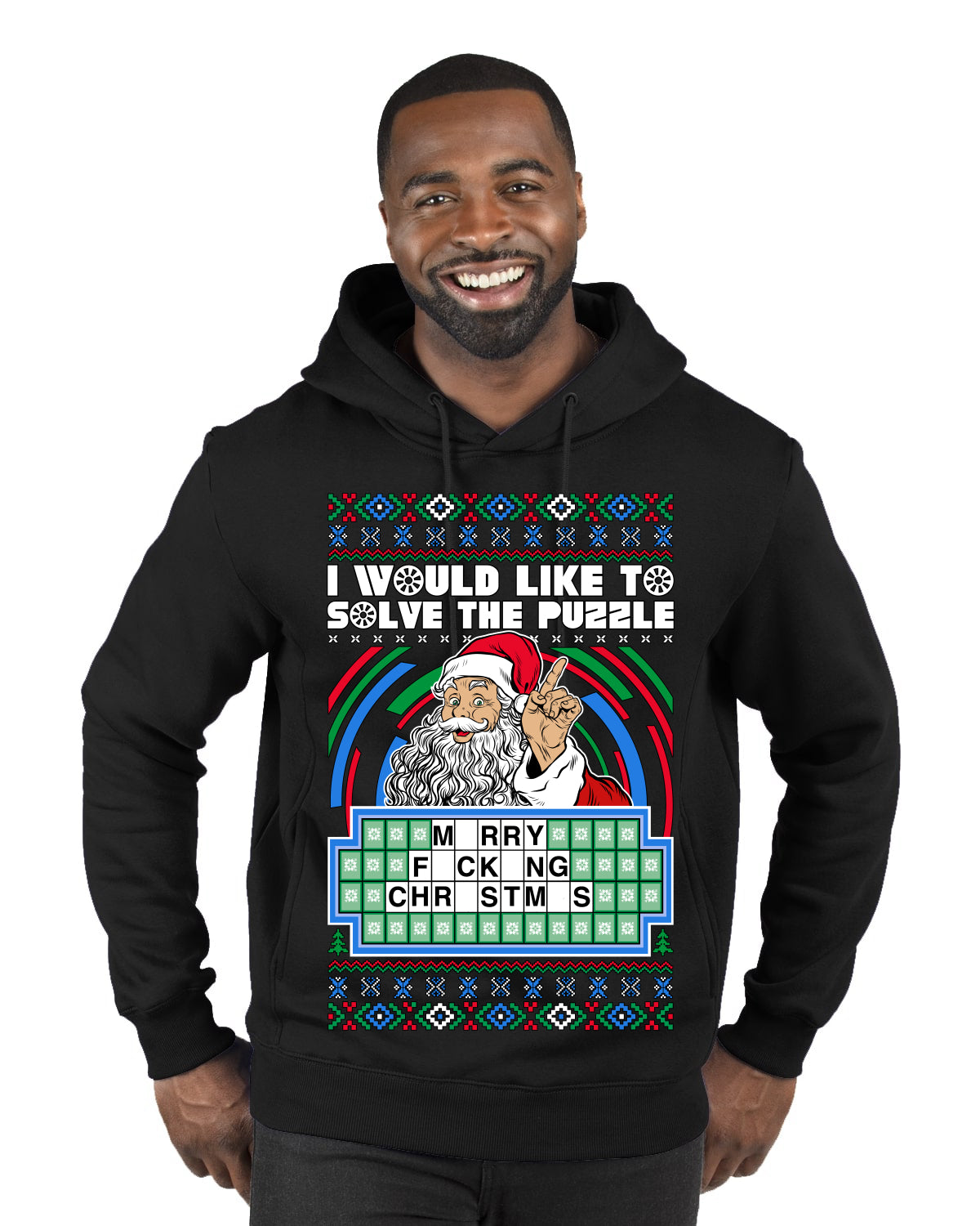 Santa Game Show I'd Like To Solve the Puzzle Wheel Ugly Christmas Sweater, Christmas Gifts, Funny Xmas Gift Idea, Premium Graphic Hoodie Sweatshirt