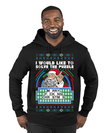 Santa Game Show I'd Like To Solve the Puzzle Wheel Ugly Christmas Sweater, Christmas Gifts, Funny Xmas Gift Idea, Premium Graphic Hoodie Sweatshirt