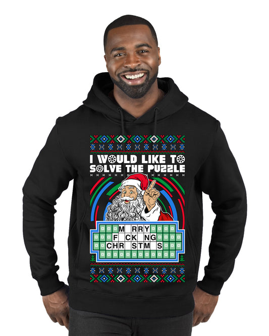 Santa Game Show I'd Like To Solve the Puzzle Wheel Ugly Christmas Sweater, Christmas Gifts, Funny Xmas Gift Idea, Premium Graphic Hoodie Sweatshirt